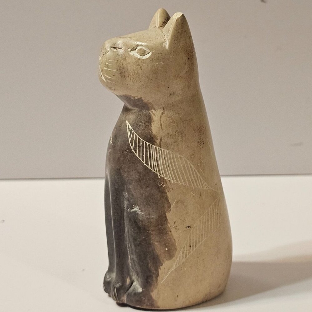 Carved Solid Soap? Stone Brown Sitting Cat Figurine  4 Inches CHIPPED EAR
